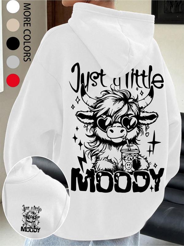 Women's Cartoon Highland Cow Print Hoodie, Casual Thermal Lined Long Sleeve Hooded Sweatshirt for Fall & Winter, Women's Clothes for Daily Wear