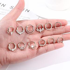 Summer Popular 12Pcs Septum Rings 16G Daith Earrings Nose Rings Hoop Stainless Steel CZ Opal Cartilage Helix Tragus Earrings Septum Clicker Piercing Jewelry Silver Black Rose Gold