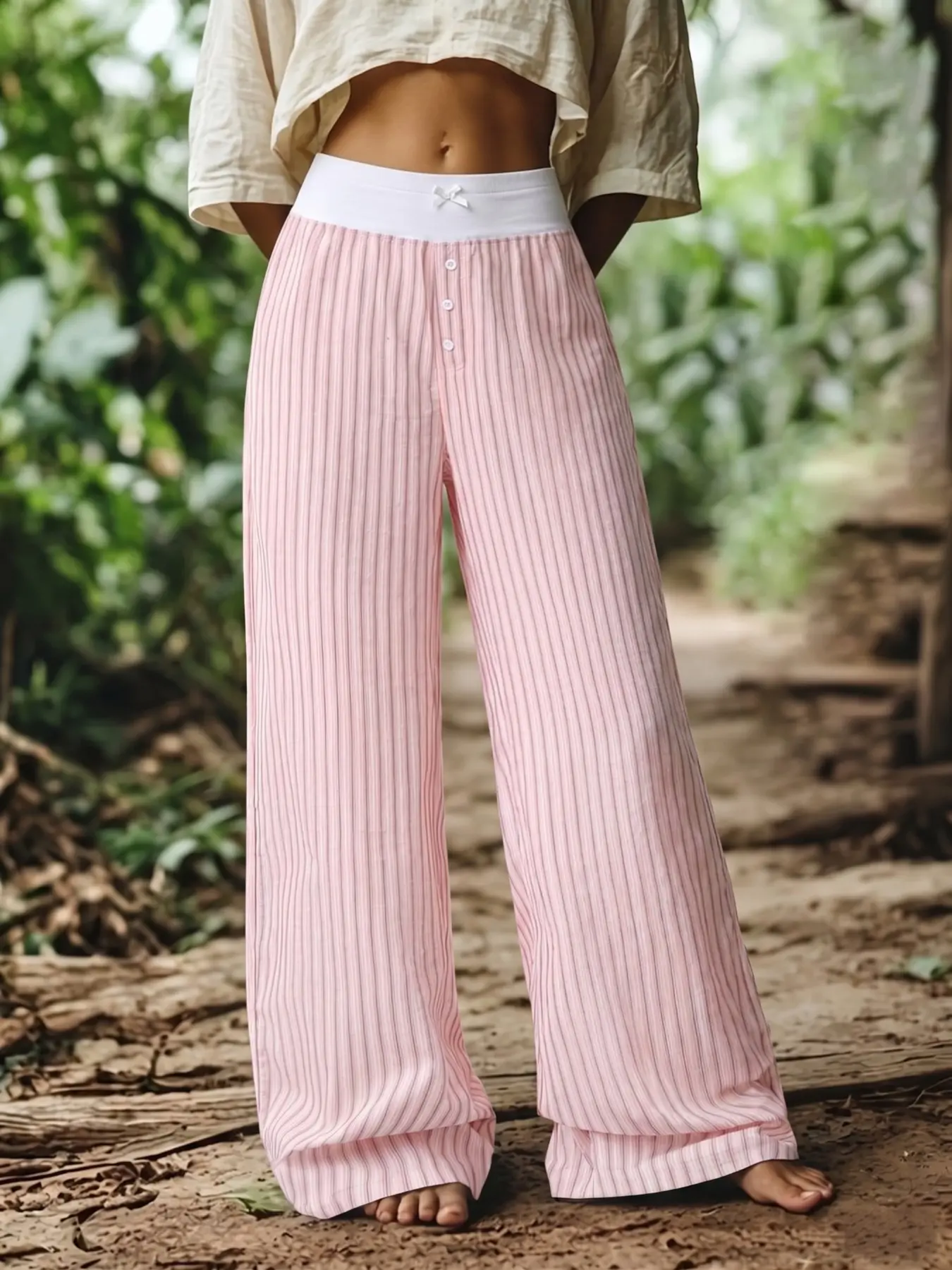 Women's Pink Vertical Stripe Bow High Waist Wide Leg Pajama Pants, Cozy Loungewear Streetwear, Lightweight Breathable Loose Fit Sleep Bottoms for Daily Lounge, Vacation & Casual Outing, 2026 Trendy Women's Soft Basic Sleepwear Outfit