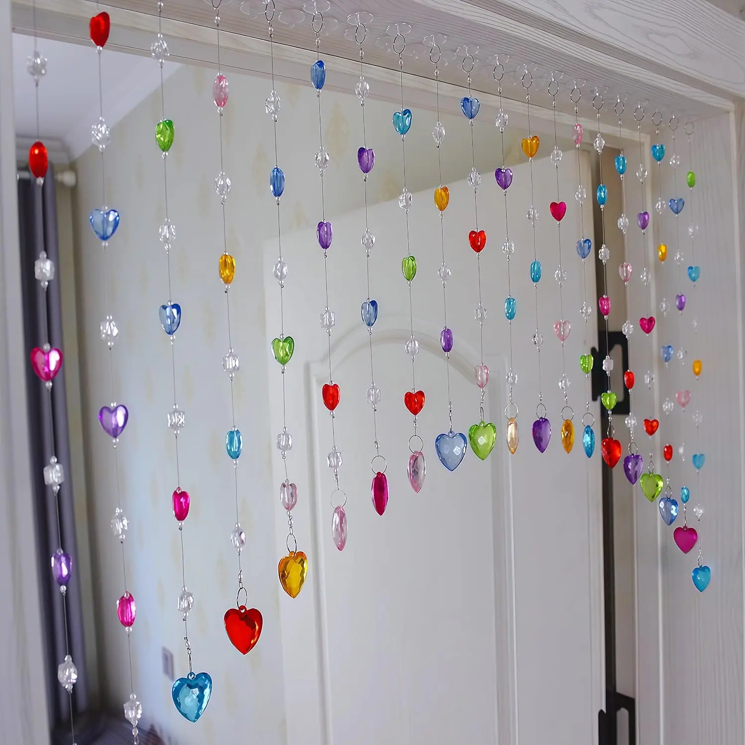 Beaded Curtain for Doorways, Short Clear Door Beads Curtains for Windows Room Divider Bedroom Coffee House,Colorful Heart Shape (20 Strings)