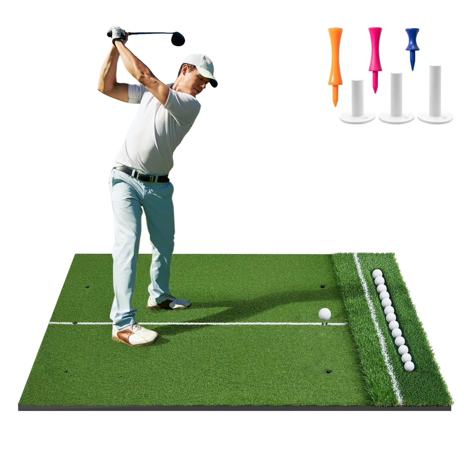 5x4ft / 6x4ft Dual Turf Golf Hitting Mat with Ball Tray & 3 Golf Tees, 10mm/15mm Thick Shock Absorbing Base Golf Practice Mat for Driving, Chipping & Swing Training Indoor & Outdoor