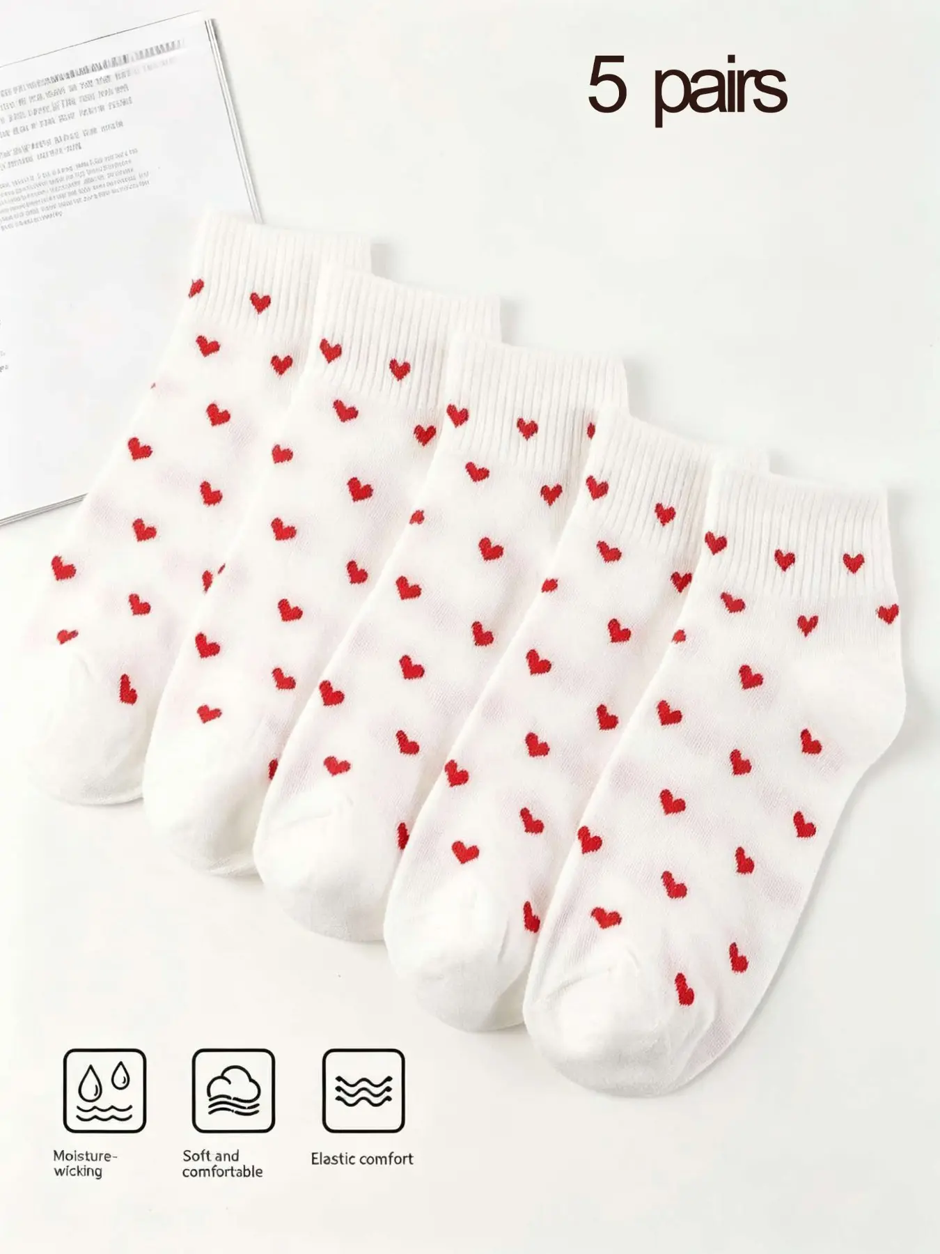 5 Pairs Women's Heart Pattern Crew Low-Cut Ankle Socks, Soft Comfortable, Versatile Short Socks for Daily Wear, Casual Slim-Fit Design