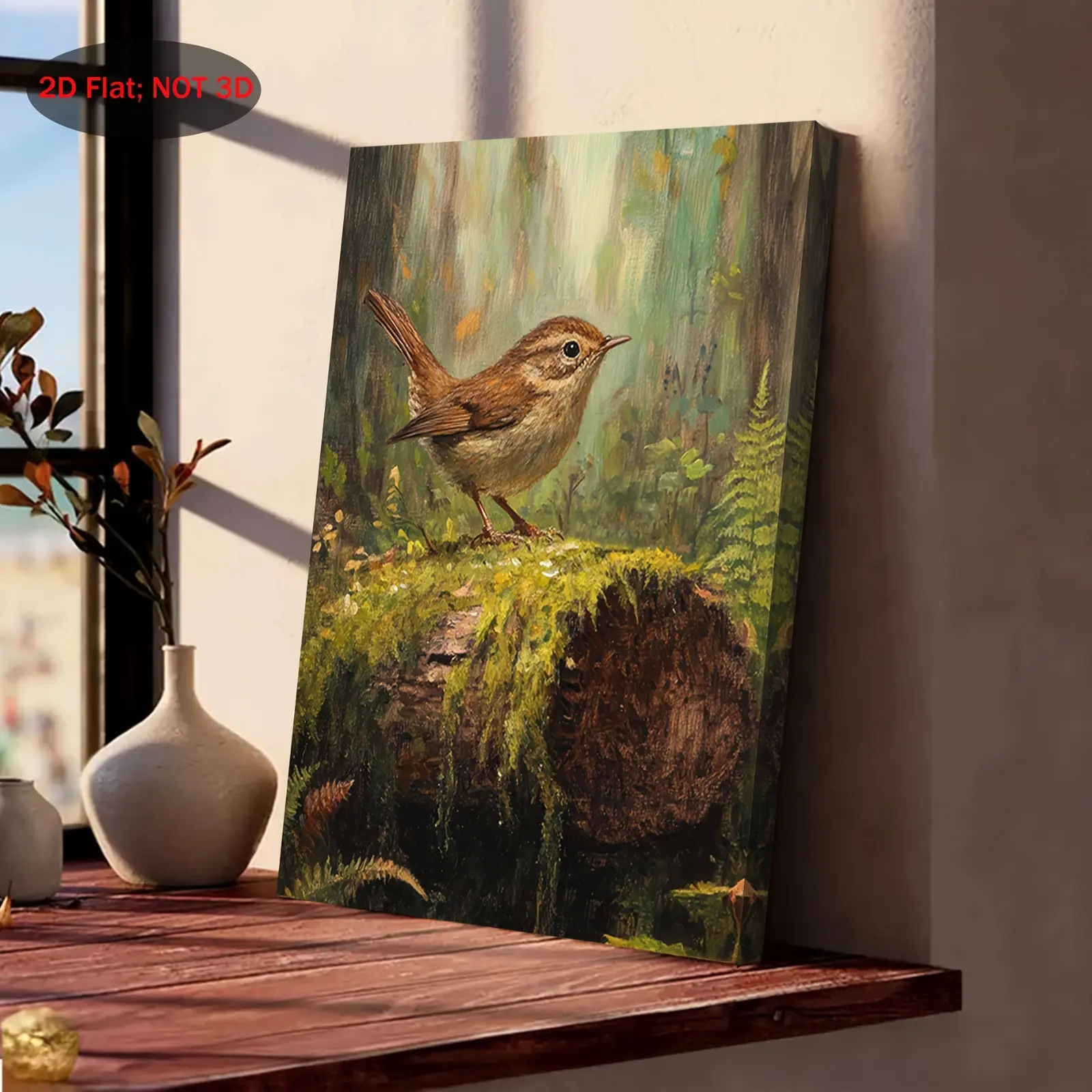 2D flat painting, 2D flat painting, 1 piece of 2D flat framed canvas art, depicting a small bird on moss wood, perfect for cottage-style forest bird decor. This rustic-style natural wall art is an exquisite holiday gift or a beautiful present for family m
