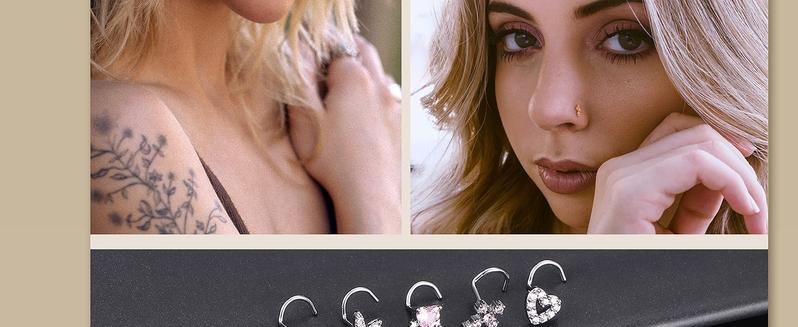 Trendy Summer Nose Rings  for Women Nose Piercings 20G L Shaped Corkscrew Dangle Nose Rings Studs Simulated Diamond Pink CZ Opal Dangling Dangly Hanging Nose Piercing Jewelry with Heart Star Butterfly Flower Cross Moon Charm Cute Dainty Nose Jewelry