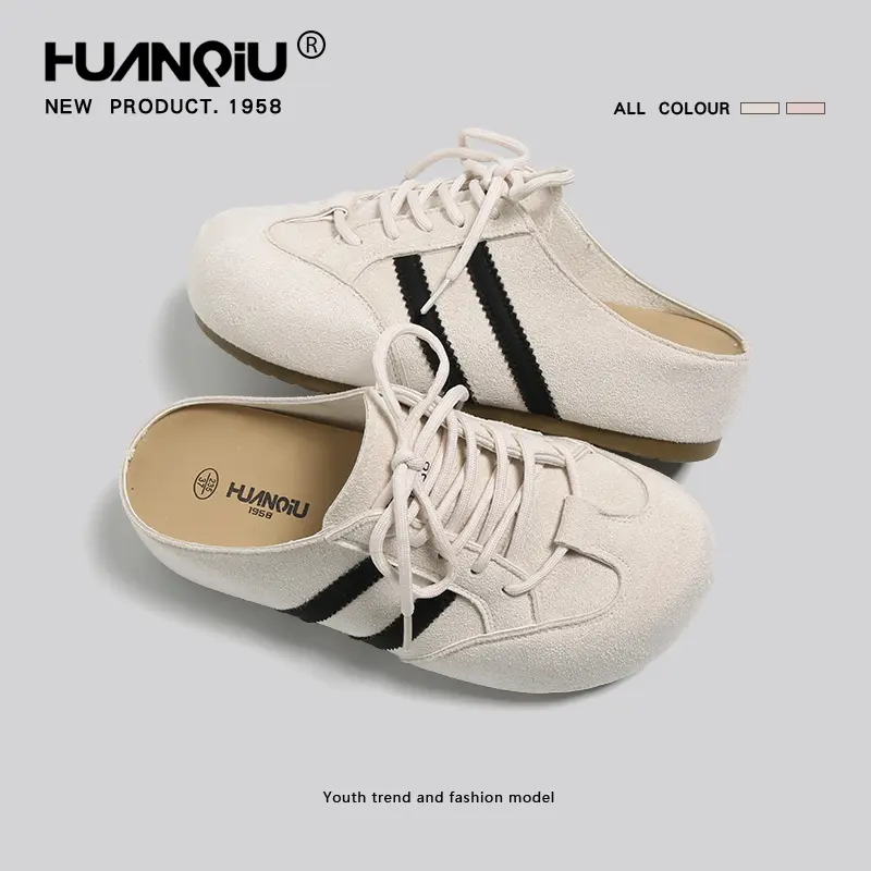HUANQIU Pink Retro Slip-On Shoes, Half-Slip Design, Casual Shoes, Comfortable, Non-Slip, Versatile, One-Stop Slip-On Shoes
