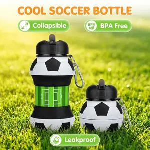 Collapsible Silicone Soccer Water Bottle - BPA-Free, Leakproof, Expandable Sports Flask with Carabiner Clip for Kids Soccer Fans, Outdoor Camping