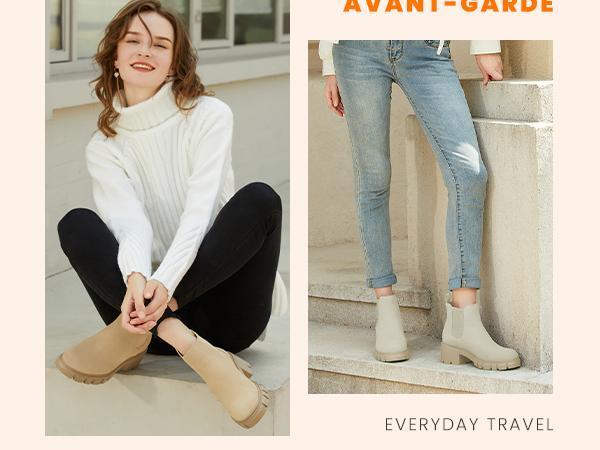 Women's Chelsea Boots Fashion Lug Sole Chunky Heel Slip on Elastic Ankle Booties