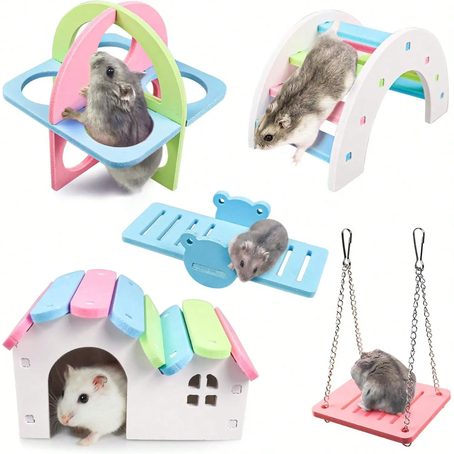5-Piece Hamster Nest Pet Exercise Toy Set, Plastic Hamster House, Guinea Pig Accessories, PVC Cage Decor, Mini Toy Platform