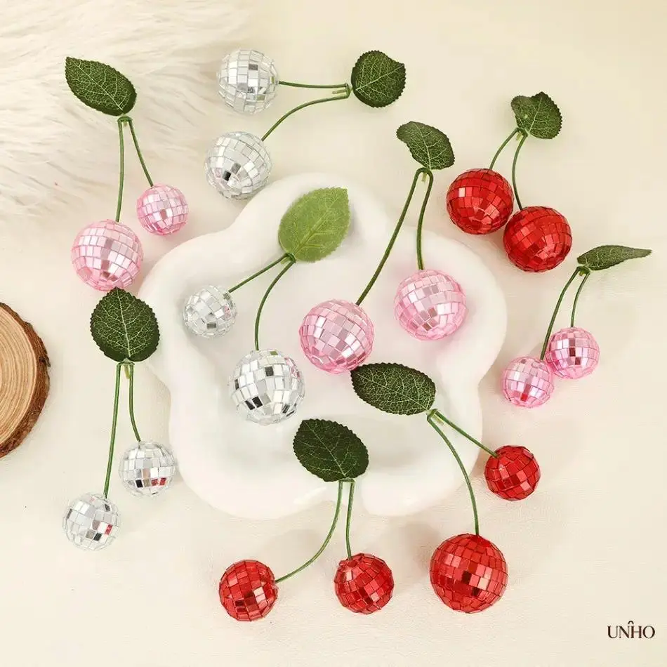 3-Pack Cherry Mirror Ball Hanging Ornaments, Trending Leaf Accent Disco Ball Pendants, Cute Fruit Style Party Decor Supplies For Birthday Arrangements, Dessert Tables, Holiday And Summer Themed Indoor Styling