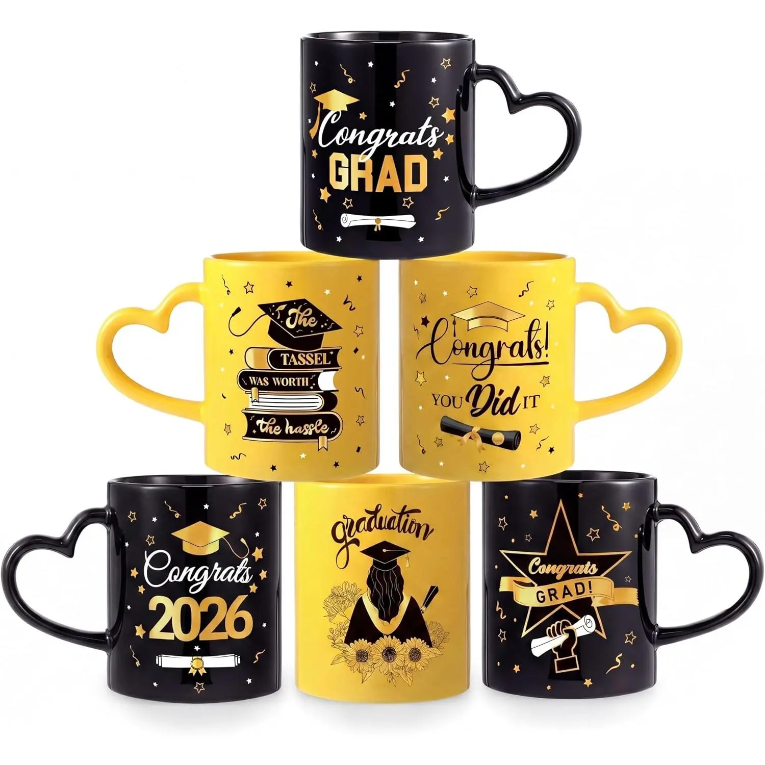 Graduation Coffee Mug Set of 6, 10 oz Ceramic Enamel Cups with Heart Handle, Black  Congrats Designs Class of 2026 Drinkware for Grad Gifts & Graduation Party Supplies