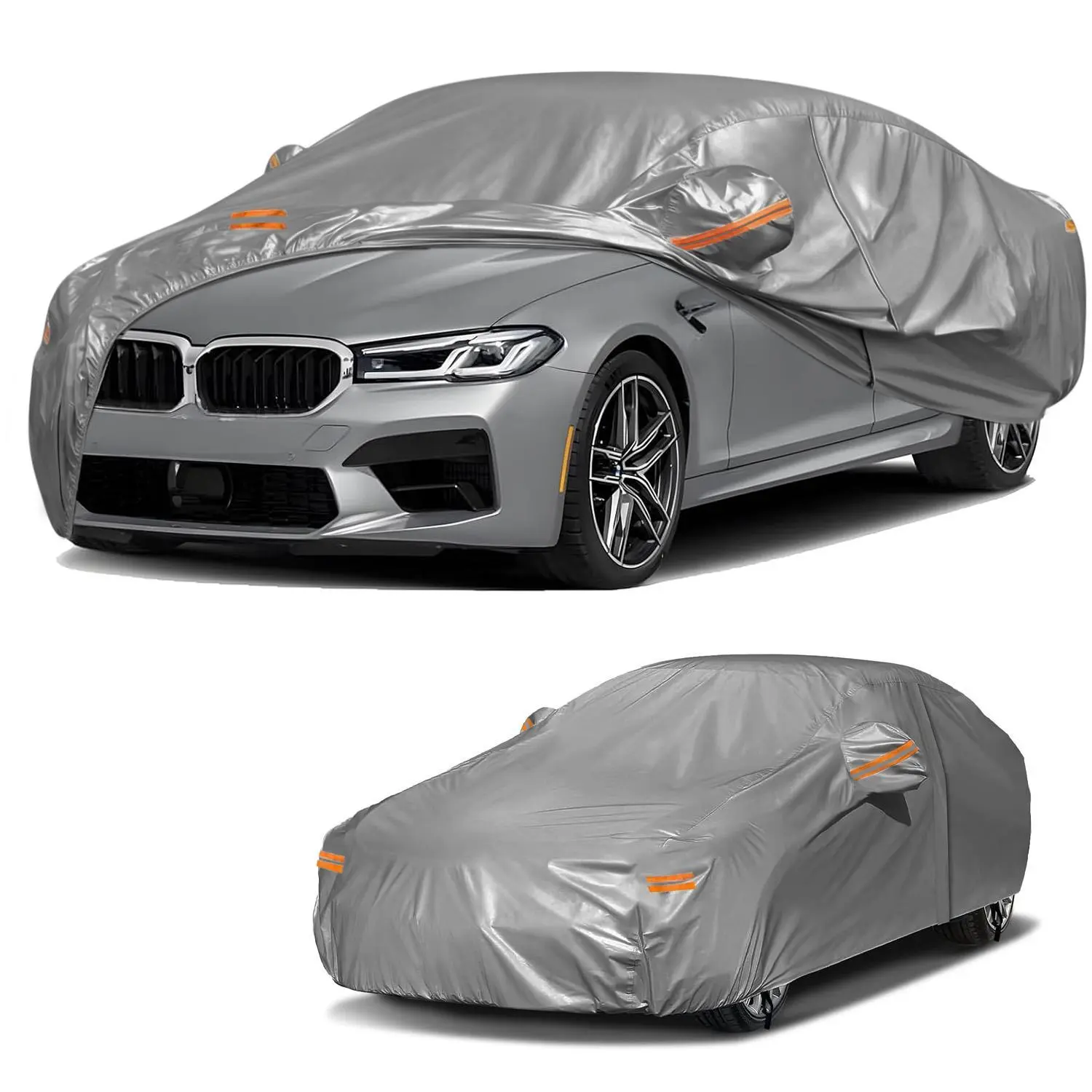 Silver Cotton-Lined Car Cover with Wheel Lock, Waterproof UV/Snow/Dust Auto Protector, Orange Reflective Strips, Door Zipper, Windproof Straps for Sedan & SUV All-Weather Use