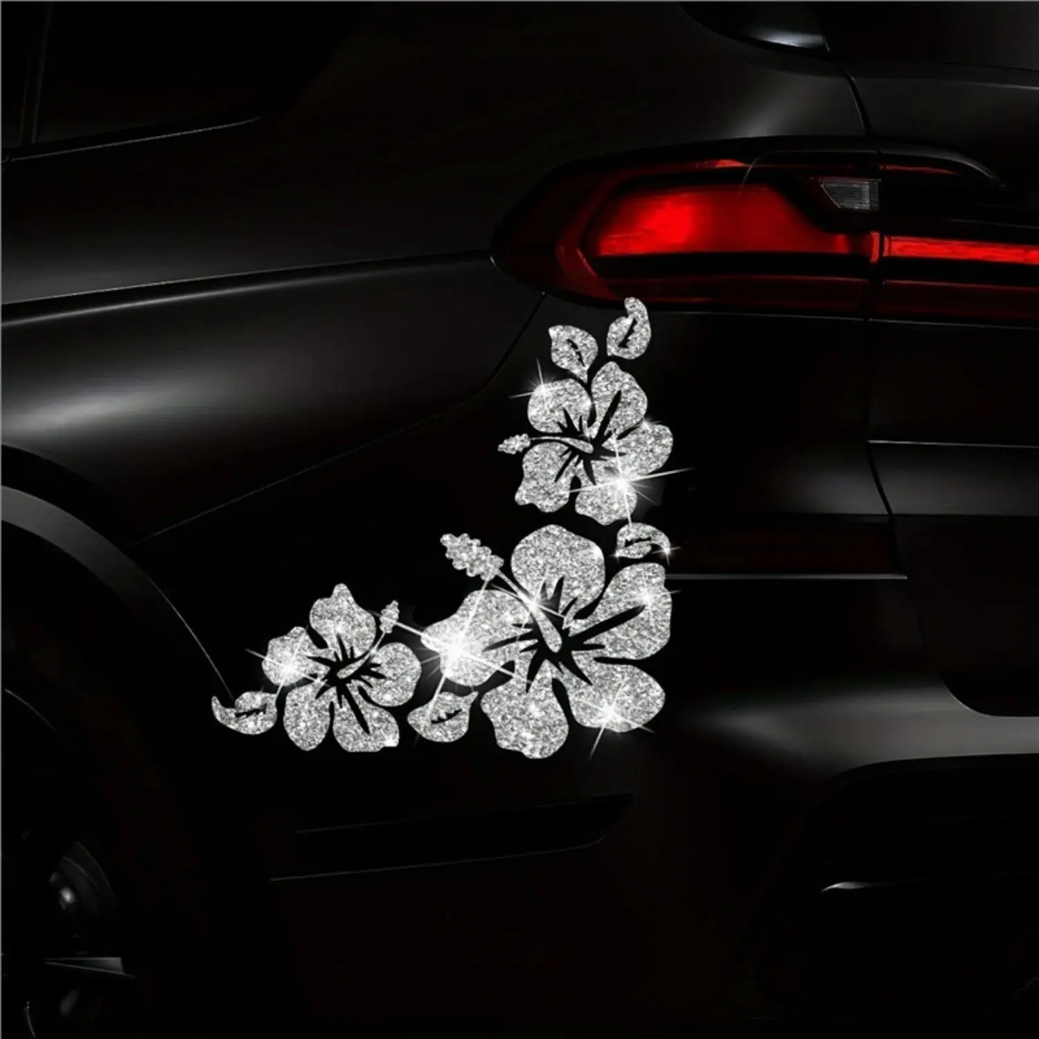 Hibiscus Flower Car Decal, Decorative Silver Glitter Vinyl Sticker, Water Resistant and Reflective Bumper & Window Car Accessories, Accessories For Car, Exterior Auto Styling