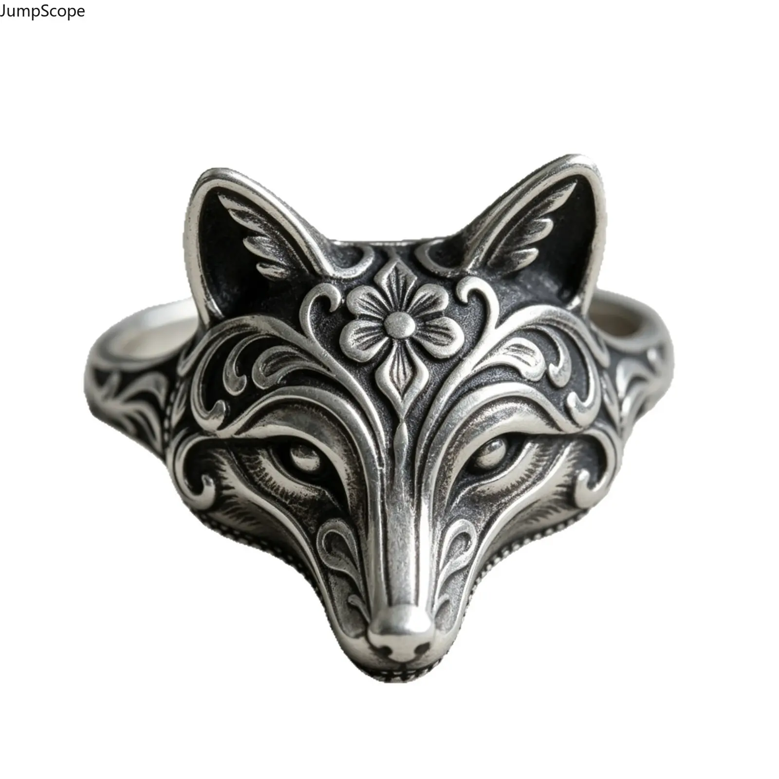 Antiqued Silver-Plated Unisex Fox Ring - 3D Sculpted Floral Swirl Head, Intricate Vine Scroll Engraved Band, MDF-Steel, for Gothic Boho Daily Wear (Indoor Recreation Accessory)