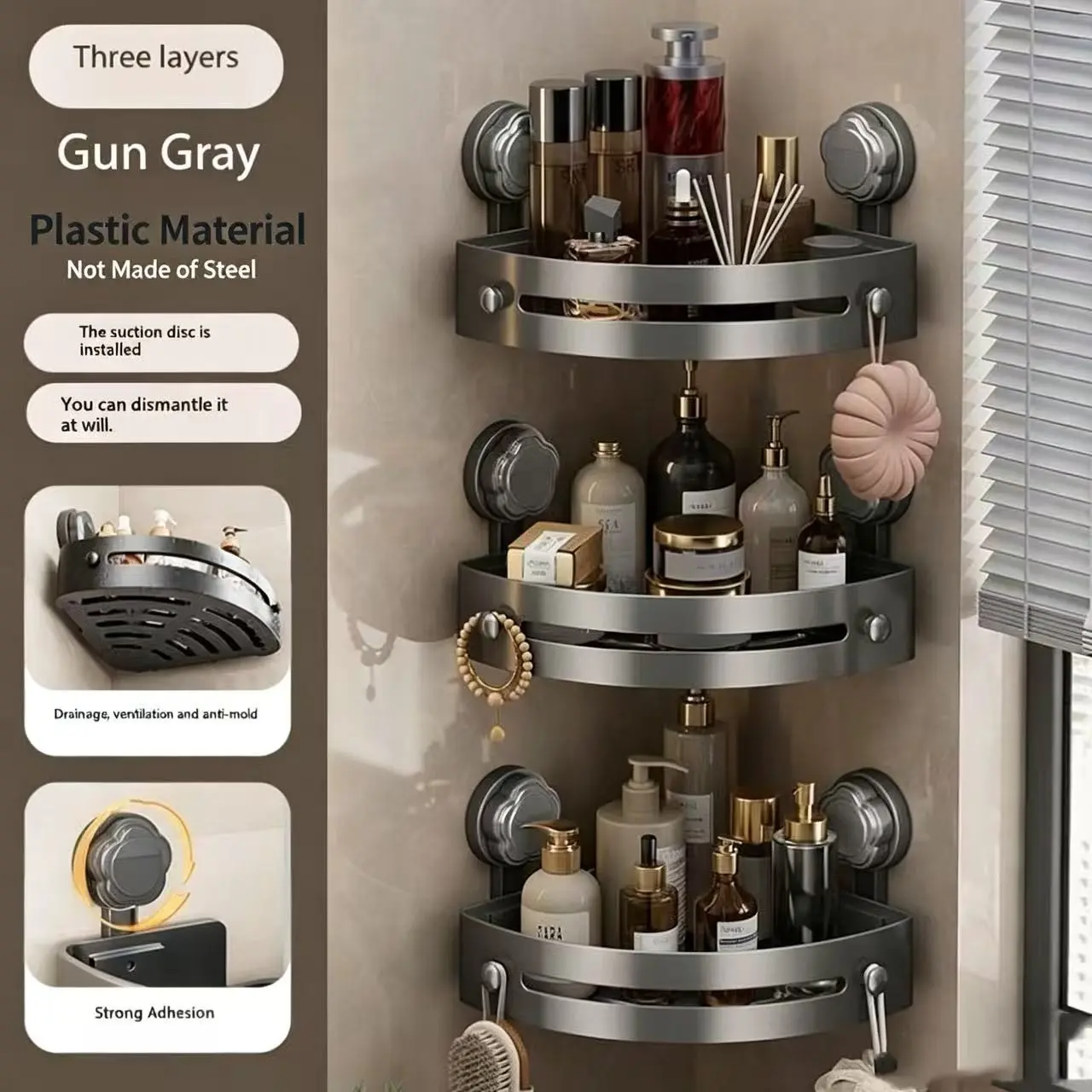 3-Pack Gun Abs Plastic Suction Cup Bathroom Caddy, 3-Tier Corner Storage Shelves, Drill-Free Organizer, 40 Lbs Load, Towel Hooks Included