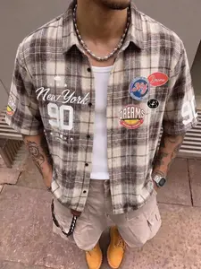 Men's Gingham Short Sleeve Shirt, New York 90 Digital Badge Print, American Retro College Style, Loose Fit Casual Top