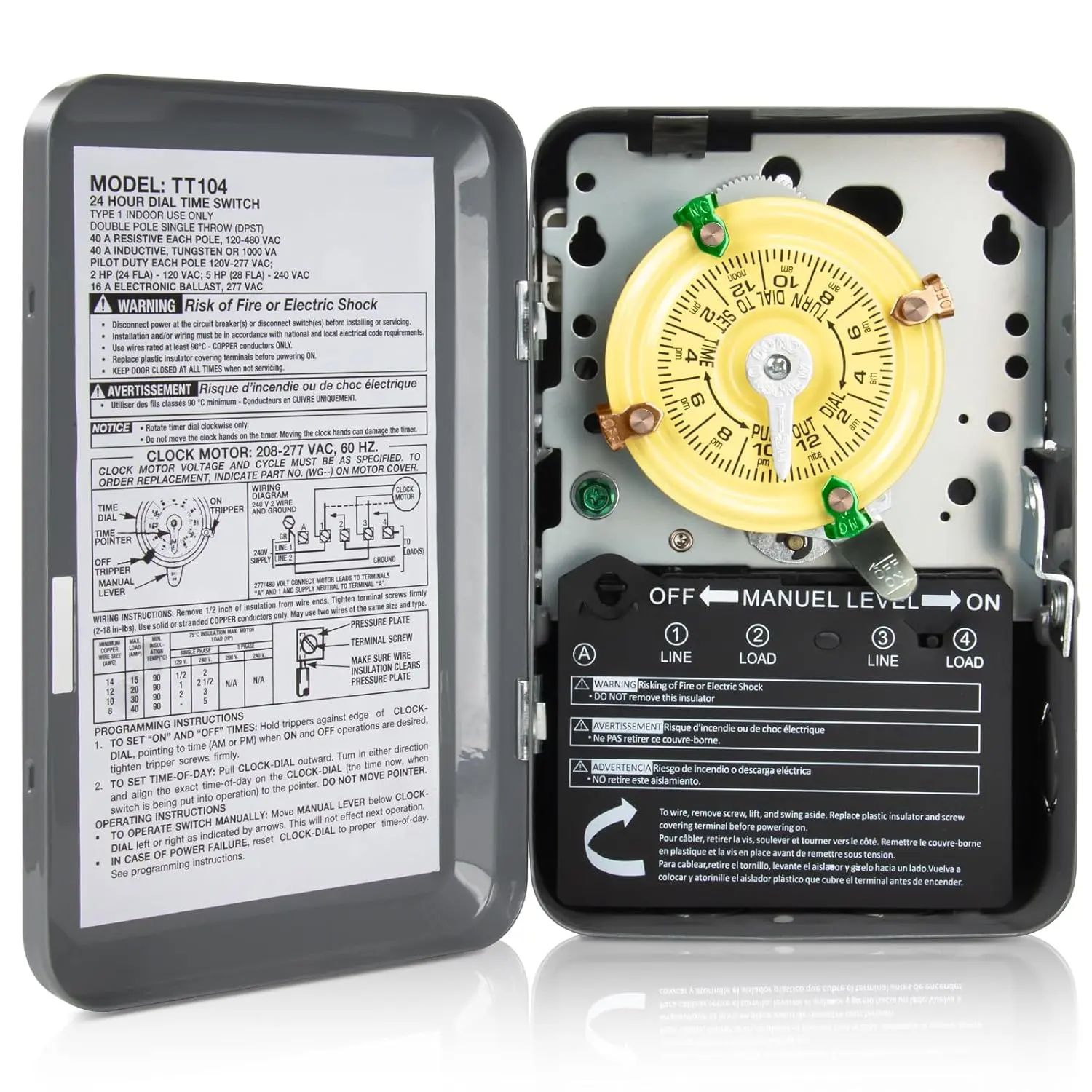 T104 Series Heavy Duty Electromechanical Timer Switch, 208-277 VAC 40A Rating DPST, 5HP, 12 Cycles ON/Off, Tripper Included - for Lights, Fans, Hvac Users