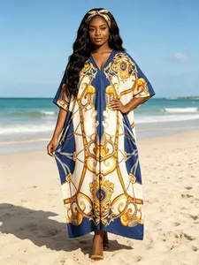 New Women's 2 Piece Blue & Cream Baroque Print Kaftan Maxi Dress with Matching Headscarf, Silky Loose Satin Robe, Plus Size Friendly, Beach Cover Up, Resort Vacation & Evening Party Wear