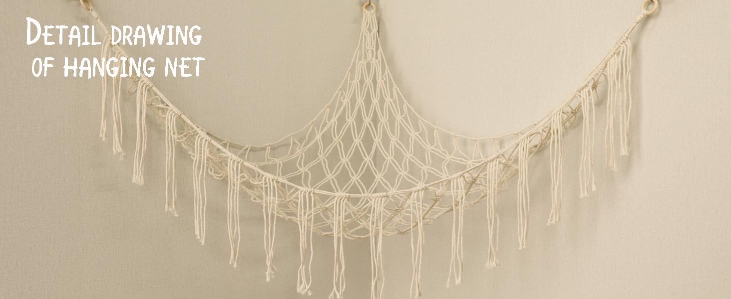 Stuffed Animal Hammock Corner, Hand-knitted Large Plushie Net Toy Hammock with Wooden Rings | Boho Cute Stuff Animal Storage for Nursery & Bedroom | Mesh Kids Toy Organizer Holder Nursery Room Decor