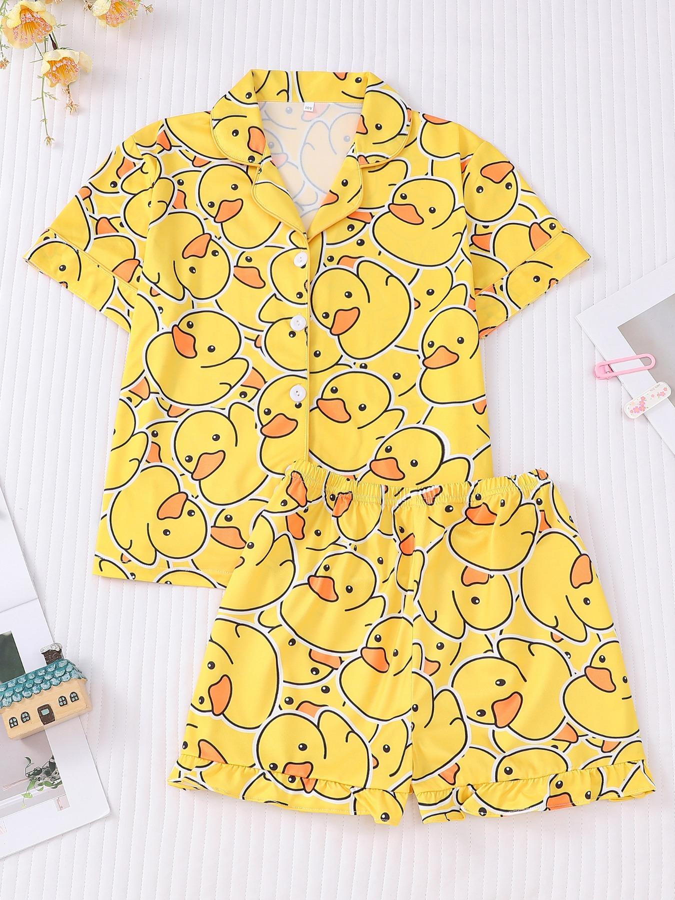 Girl's Cartoon Duck Print Top & Elastic Waist Shorts Pyjama Two-piece Set, Cute Comfy Short Sleeve Top & Shorts Pajamas Set, Kids Sleepwear for All Seasons, Pajama Set, Pajamas Loungewear