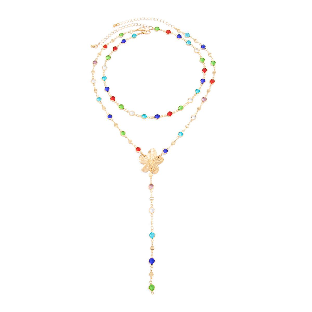 Creative Colorful Y-Shaped Multi-Layer Crystal Necklace – Sweet Style Metal Flower Choker