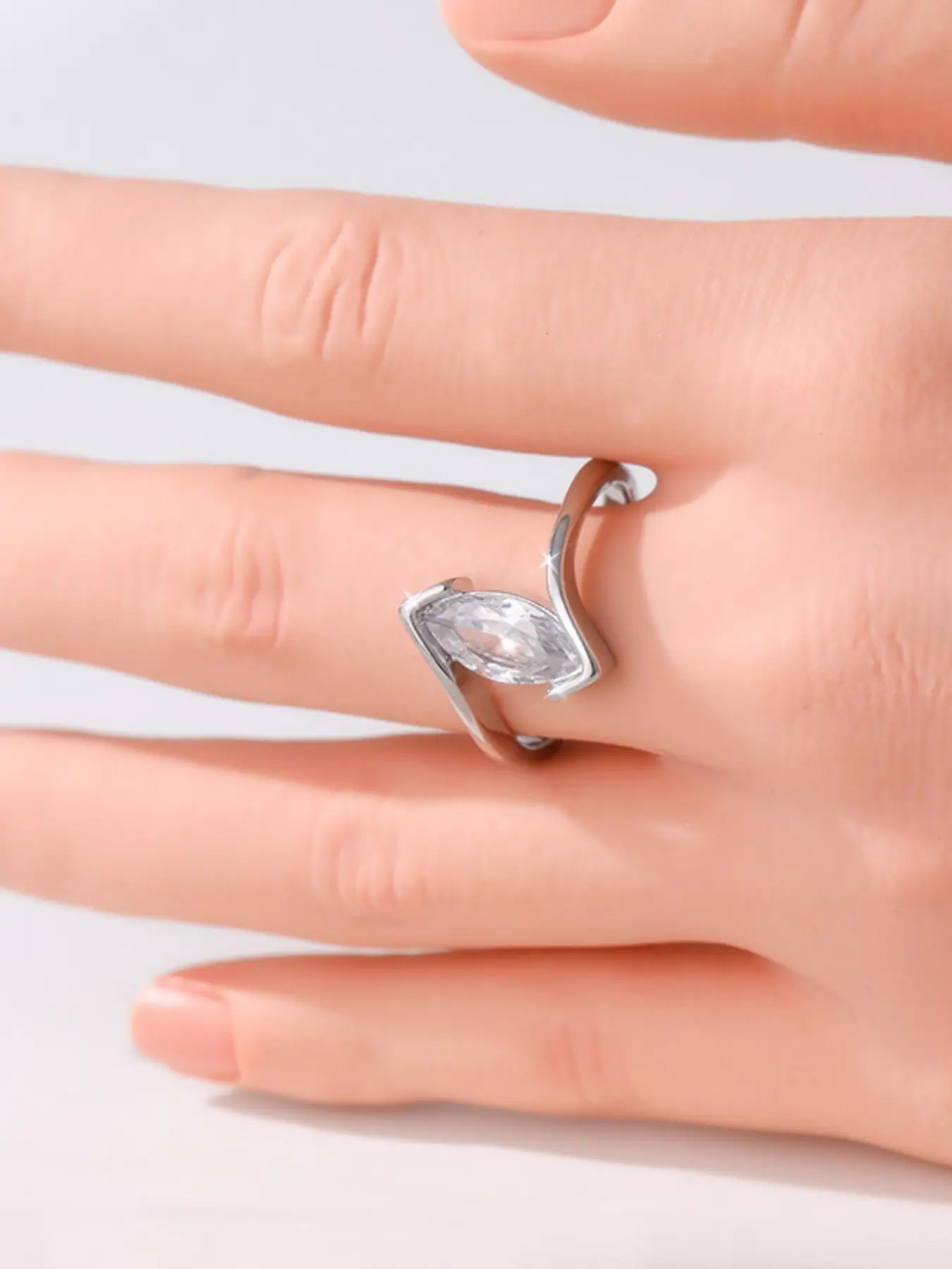 Marquise Cut Cubic Zirconia Silver Ring – Modern Twist Band Engagement Ring for Women, Elegant Minimal Luxury Wedding Promise Jewelry Gift
