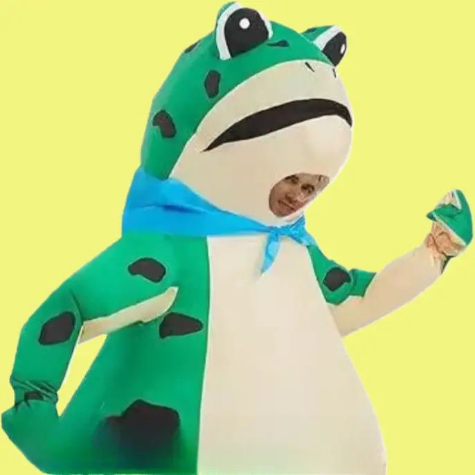 Adults' Funny Inflatable Costume, Green Frog Mascot Outfit in Lightweight Breathable Fabric with Built-in Fan, Green Frog Transparent Face Mask for Halloween Cosplay, 120*30cm, Cosplay Suit, Full Body, Breathable Poly