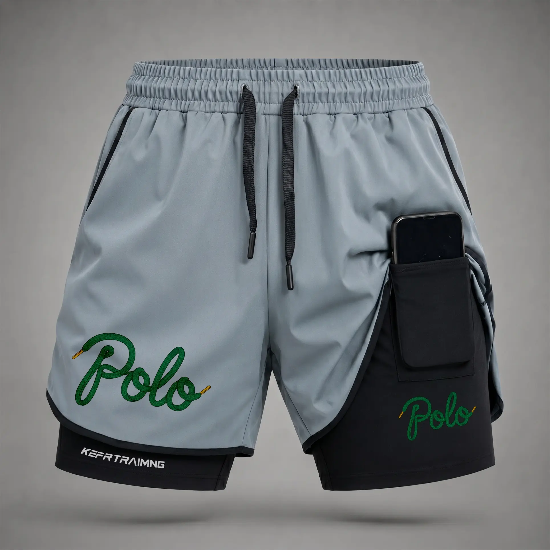 Men’s Script Letter Print 2-in-1 Utility Shorts, Lightweight Quick-Dry Athletic Shorts with Built-in Liner, Secure Phone Pocket, Adjustable Waist, Casual Gym Running Shorts for Daily Wear