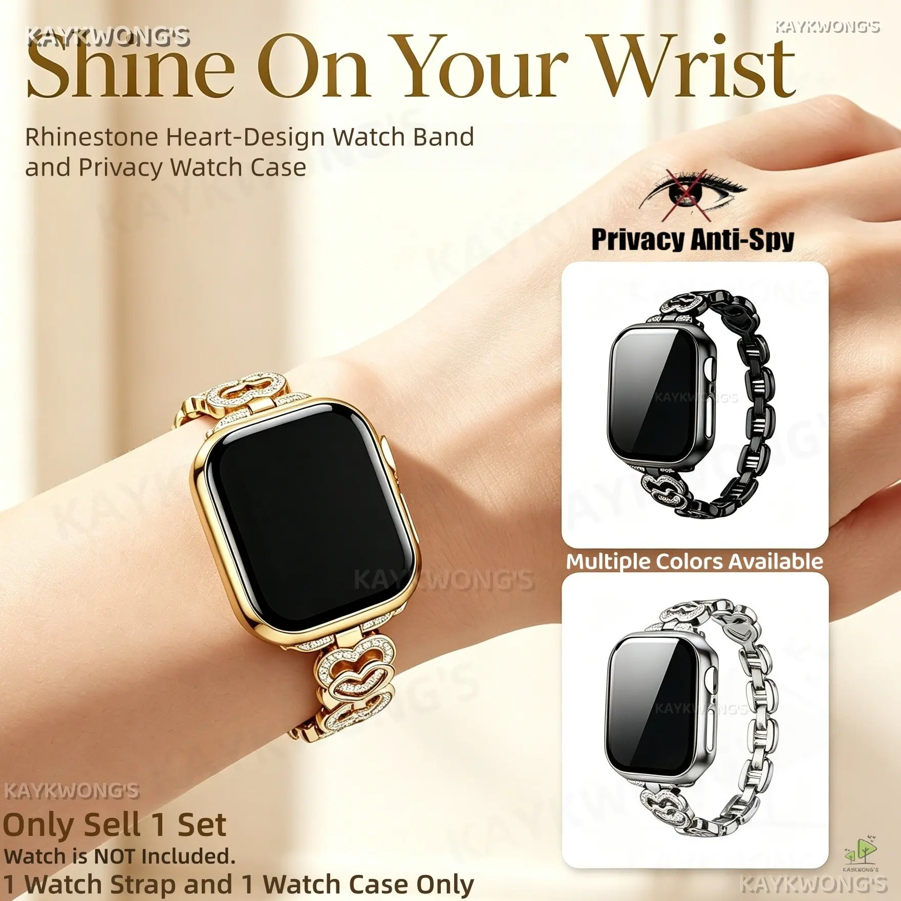 KAYKWONG'S Elegant Intricate Rhinestone Studded Heart Metal Wrist Strap, with Anti Spy Privacy Watch Bumper Case, Integrated Tempered Glass Protective Cover, Jewelry Watch Accessories Compatible with iWatch 11-1, Sizes for 38/40/41/42/44/45/49mm