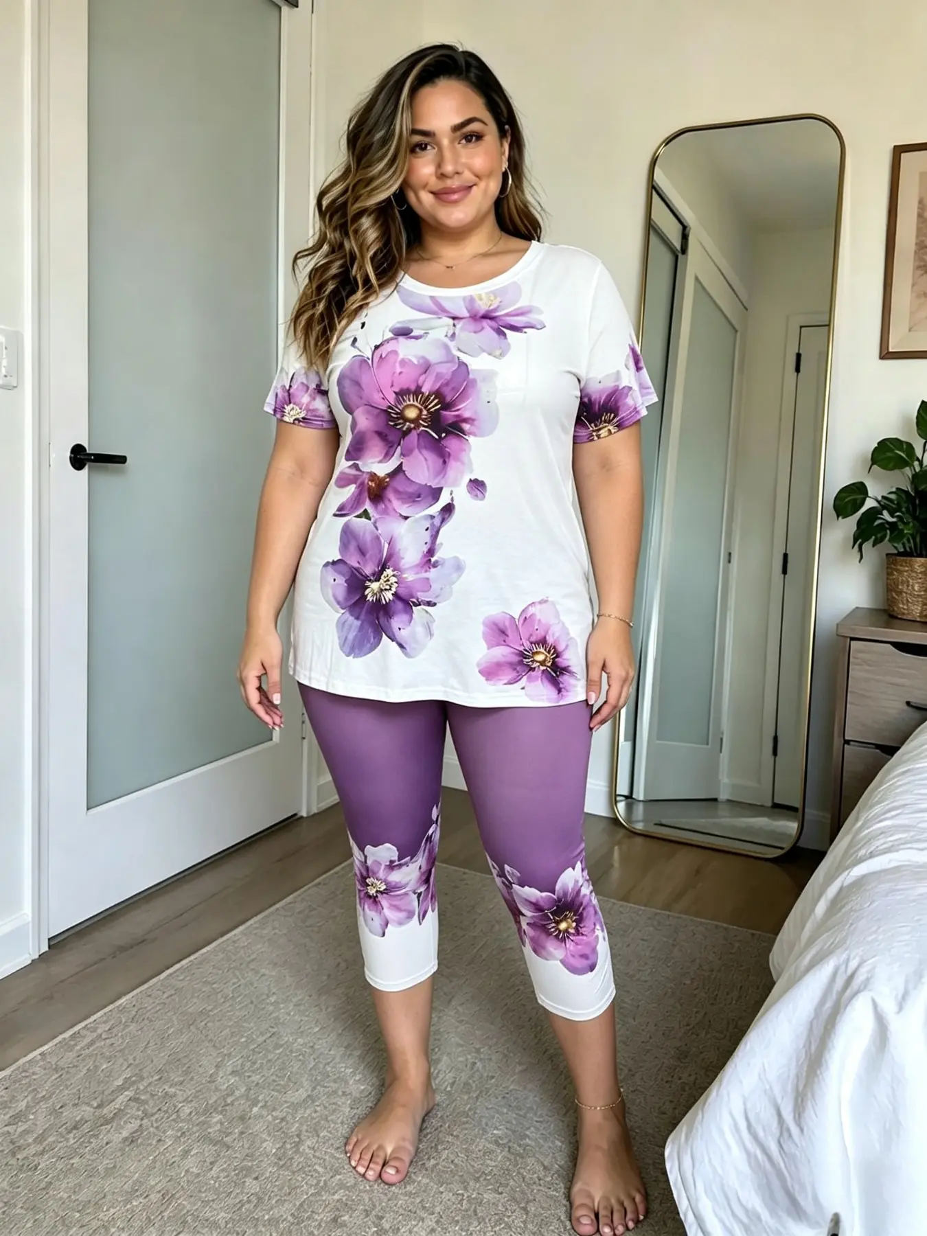 Plus Size Floral Print Set, Women's Short Sleeve Top, Elastic Fitted Capri Pants, Casual Office Wear, Home & Commute, Clothes, Casual Chic Set