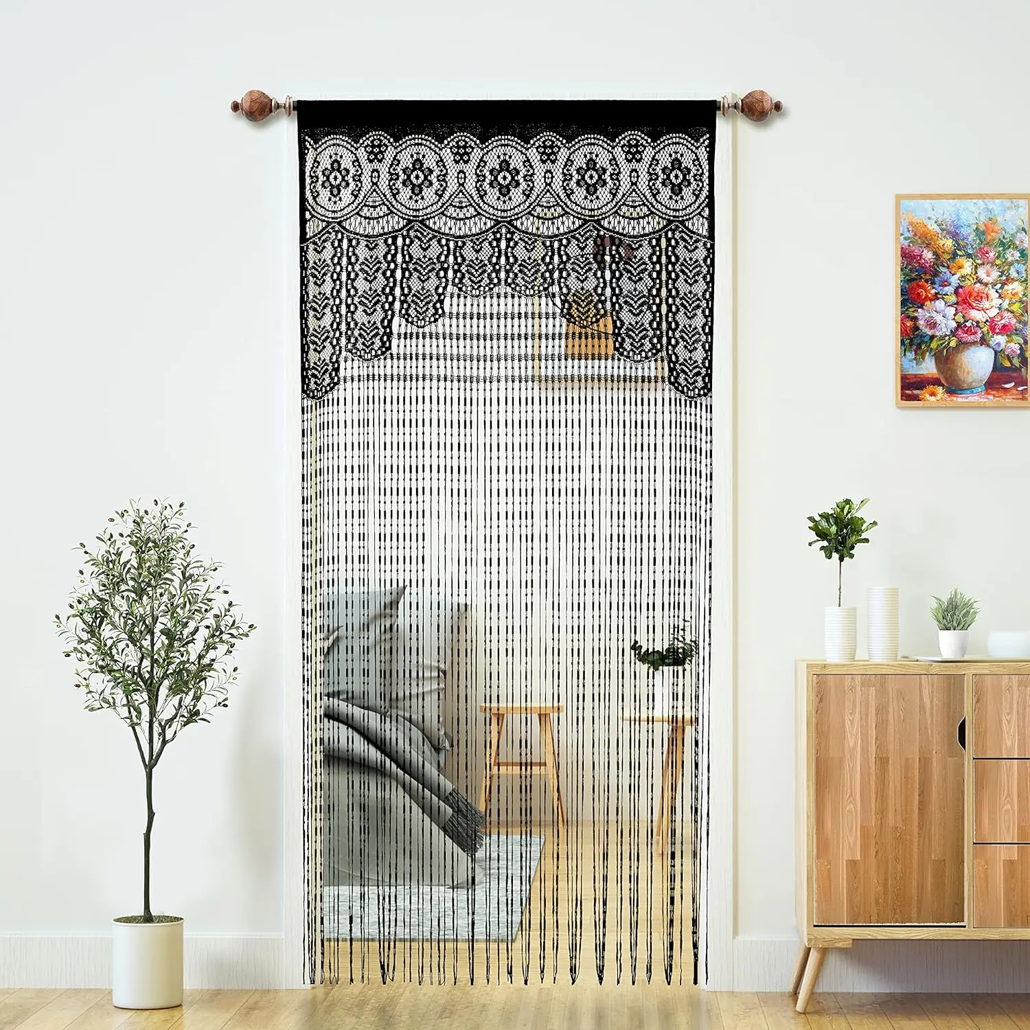 Lace Door String for Doorway, Black, 35"W x 79"L, 1 Panel