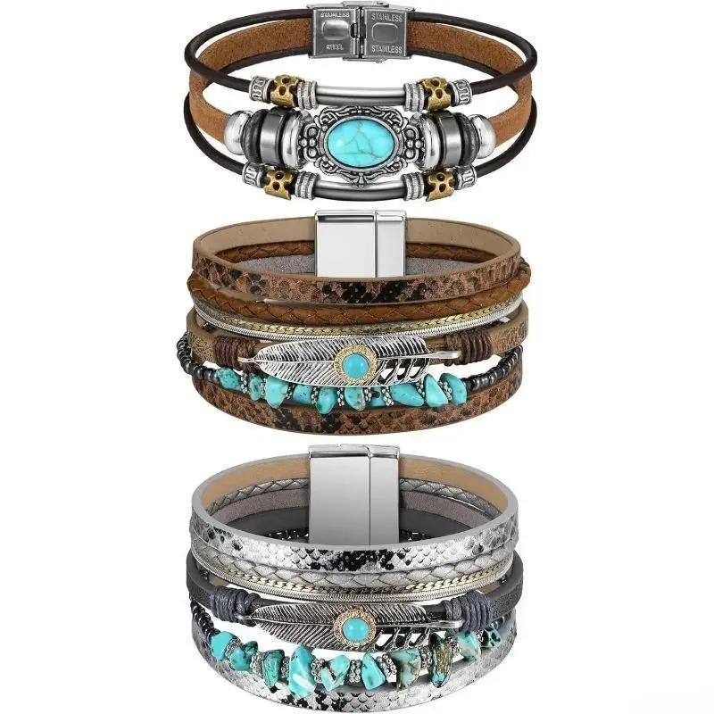 Women's 3Pcs Bohemian Faux Leather Crystal Bracelet Set - Multi-Layer Cuff Stacking Wristbands, Fashionable Exquisite Trendy DIY Bag Accessories (Default)