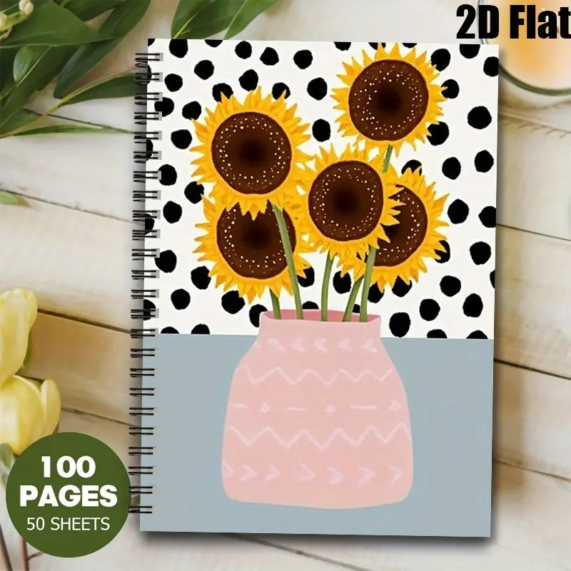 1pc Sunflower Spiral Notebook 5.7x8.26inch, Aesthetic Dot Pattern Journal with Lined Pages, Durable Coil Binding, Perfect for Daily Notes, Travel Journal, Back to School Supplies, Thanksgiving Gifts for Students, Office, Home Use [2D] Flat
