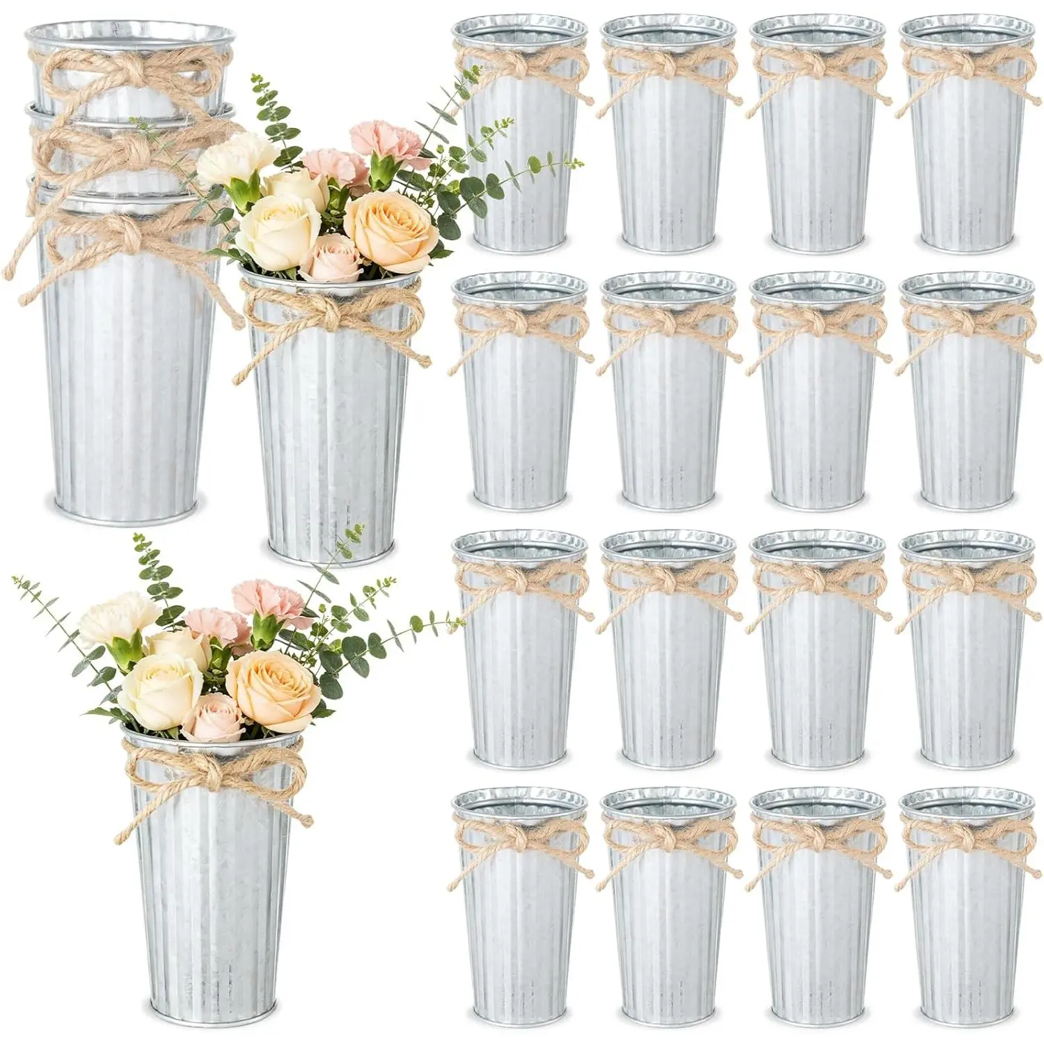 20 Pack Farmhouse Metal Flower Vase Decor, Galvanized Small Floral Vase with Twine Bow Rustic Flower Buckets for Centerpieces Floral Display Table Home Wedding Festival DIY Decorations