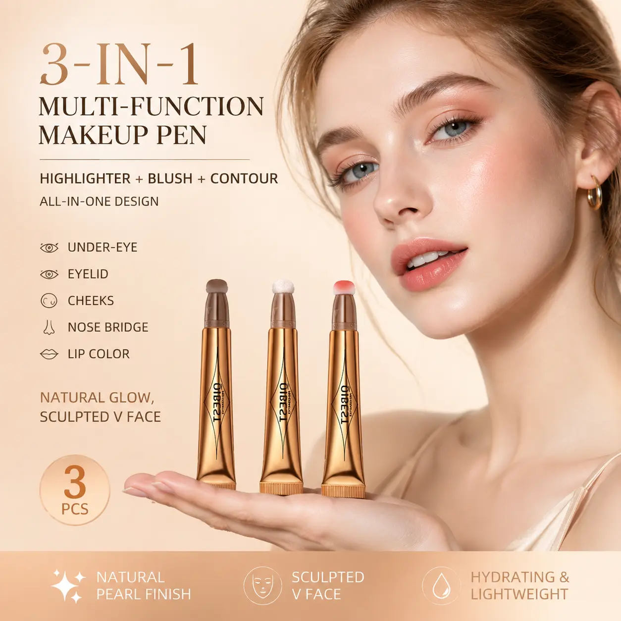 3-Piece Liquid Contour & Highlight Makeup Stick Set with Cushion Brush Tip and Creamy Texture | Blush, Contour, and Highlight in One Step | Long-Lasting, Waterproof, and Blendable | 3D Facial Contouring Makeup