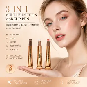 3-Piece Liquid Contour & Highlight Makeup Stick Set with Cushion Brush Tip and Creamy Texture | Blush, Contour, and Highlight in One Step | Long-Lasting, Waterproof, and Blendable | 3D Facial Contouring Makeup