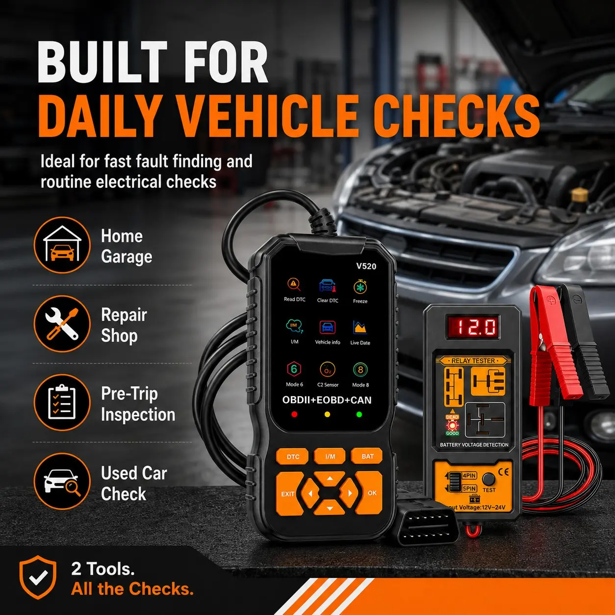 Automotive Diagnostic Scanner Kit, Obd2 Code Reader, 12V–24v Relay Tester, Digital Display, Battery Clamps, Abs Enclosure