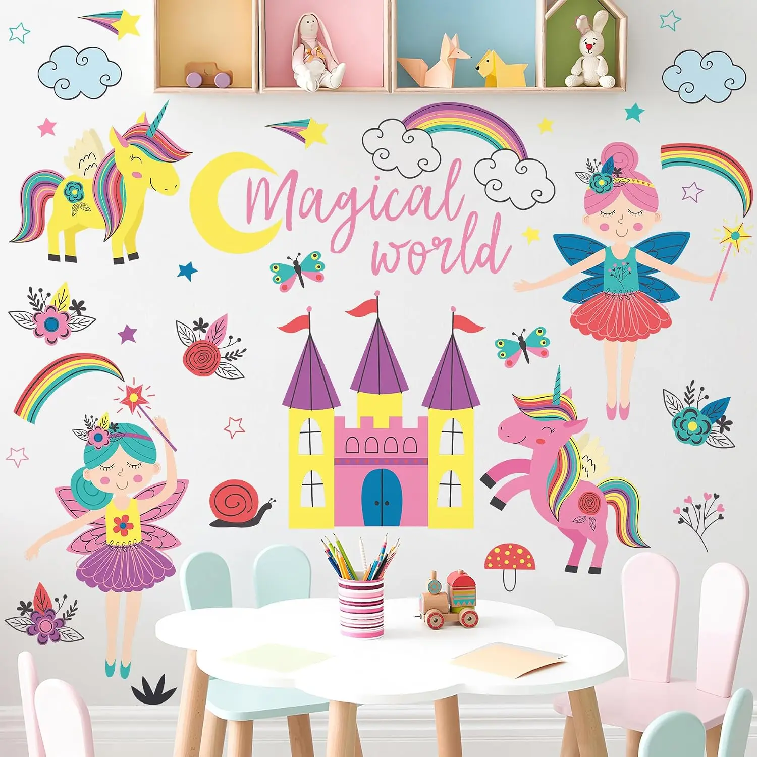 Butterfly Girl Wall  for  Room Fairy  Princess Unicorn Wall Stickers Peel and Stick Rainbow Castle Wall Art Butterfly Girl Decor for Girls Bedroom Decoration