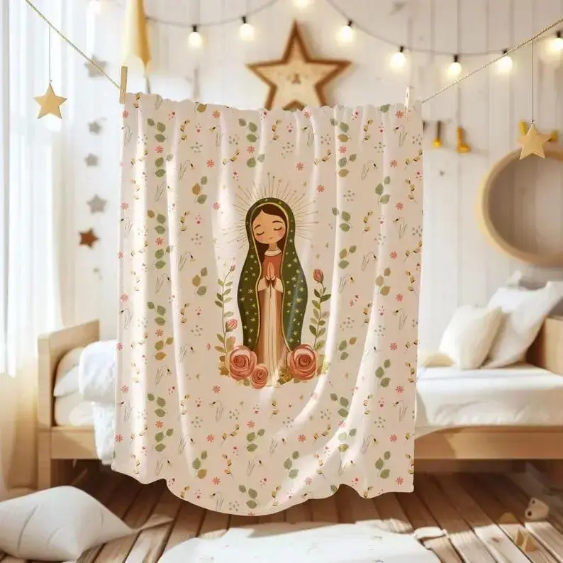 Virgin Mary Our Lady of Guadalupe Cute Fleece Blankets Bedding Bed Accessories - Cozy Throw, Soft Fluffy Kids Item, Catholic Baptism Gift, Nursery Decor, Catholic Women's Gift Idea, Cozy Throw Blanket, Soft Fluffy Blanket