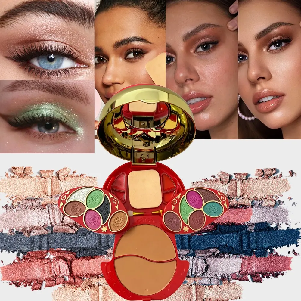 All-in-One Makeup Palette 🎨 Lip Gloss + Eyeshadow + Face Powders in One! Matte Contour & Conceal, Shimmer Eyeshadow, Bronzer & Highlighter – Water-Resistant & Long-Lasting, Includes Puff & Brushes – Daily Commuter Touch-Up Kit, Facial Makeup Set
