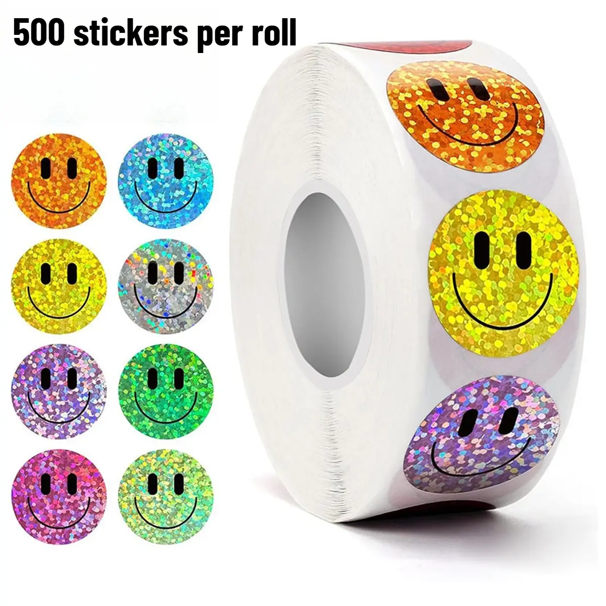 1 Roll 500Pcs Holographic Glitter Smiley Face Stickers Round Star Shape Colorful Happy Emoji Sticker Rolls For DIY Craft Journal Handmade Hobby Decor Birthday Party Favor Gift Sealing Classroom Kids Reward Cartoon Decor Supplies