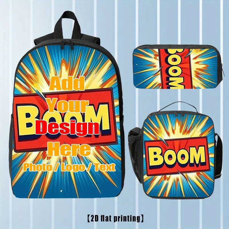 Custom 3-Piece Oxford Backpack Set, Lunch Bag Pencil Case, Comic Boom Explosion Custom Photo Logo Text Print, Breathable Straps For Personalized Student Daily Use
