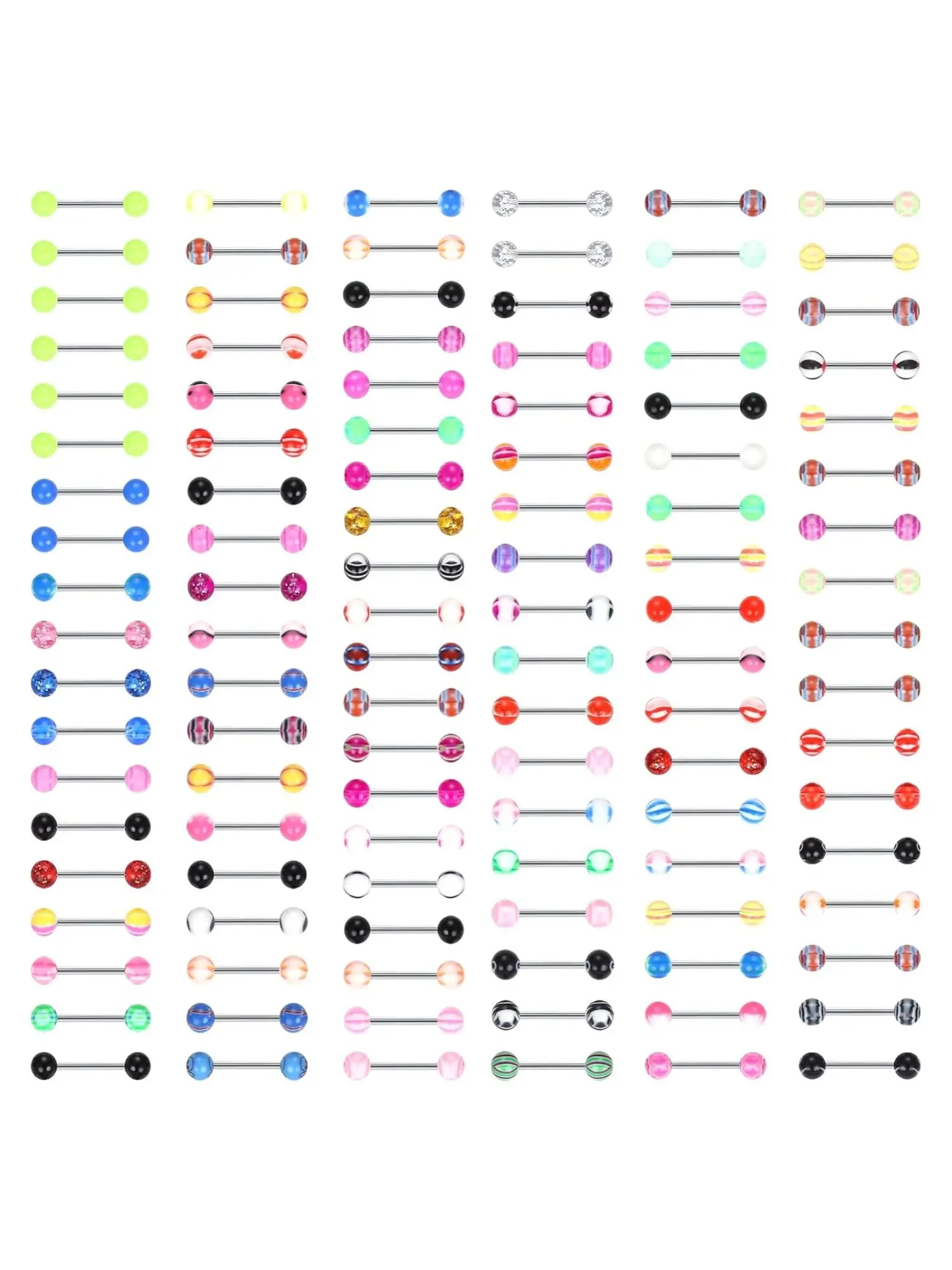 Multi-Color 111 Pcs Straight Barbell Piercings Stainless Steel Bars with Shiny Colorful Acrylic Spherical Tops for Unisex Comprehensive Assortment of Transparent Opaque Striped Sparkly Acrylic Beads Trendy Punk Body Jewelry Ideal for Nightclub Looks