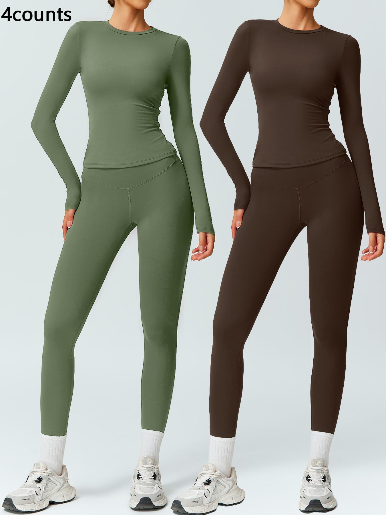 Two-Piece Set Women's Patchwork High Elastic Soft Round Neck Flat Shoulder Long Sleeve Slim Fit Beautiful Hip Tight Pants Yoga Clothes suit Workout Running Clothes Four Seasons Outdoor Running Cycling Hiking Walking Shopping Fashion suit Gym