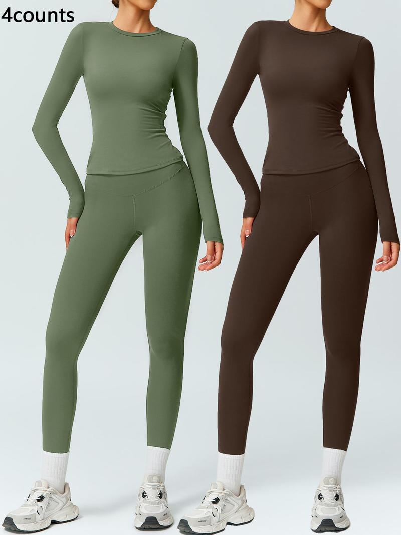 Two-Piece Set Women's Patchwork High Elastic Soft Round Neck Flat Shoulder Long Sleeve Slim Fit Beautiful Hip Tight Pants Yoga Clothes suit Four Seasons Outdoor Running Cycling Hiking Walking Shopping Fashion suit Gym Sweatsuit Set