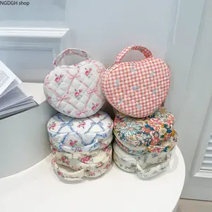 Heart Shaped Makeup Bag Women - Trendy Quilted Floral Bow Cosmetic Pouch with Top Handle & Zipper Closure, Lightweight Portable Spacious Design Perfect for Daily Beauty Travel Vacation & On-the-Go Organization