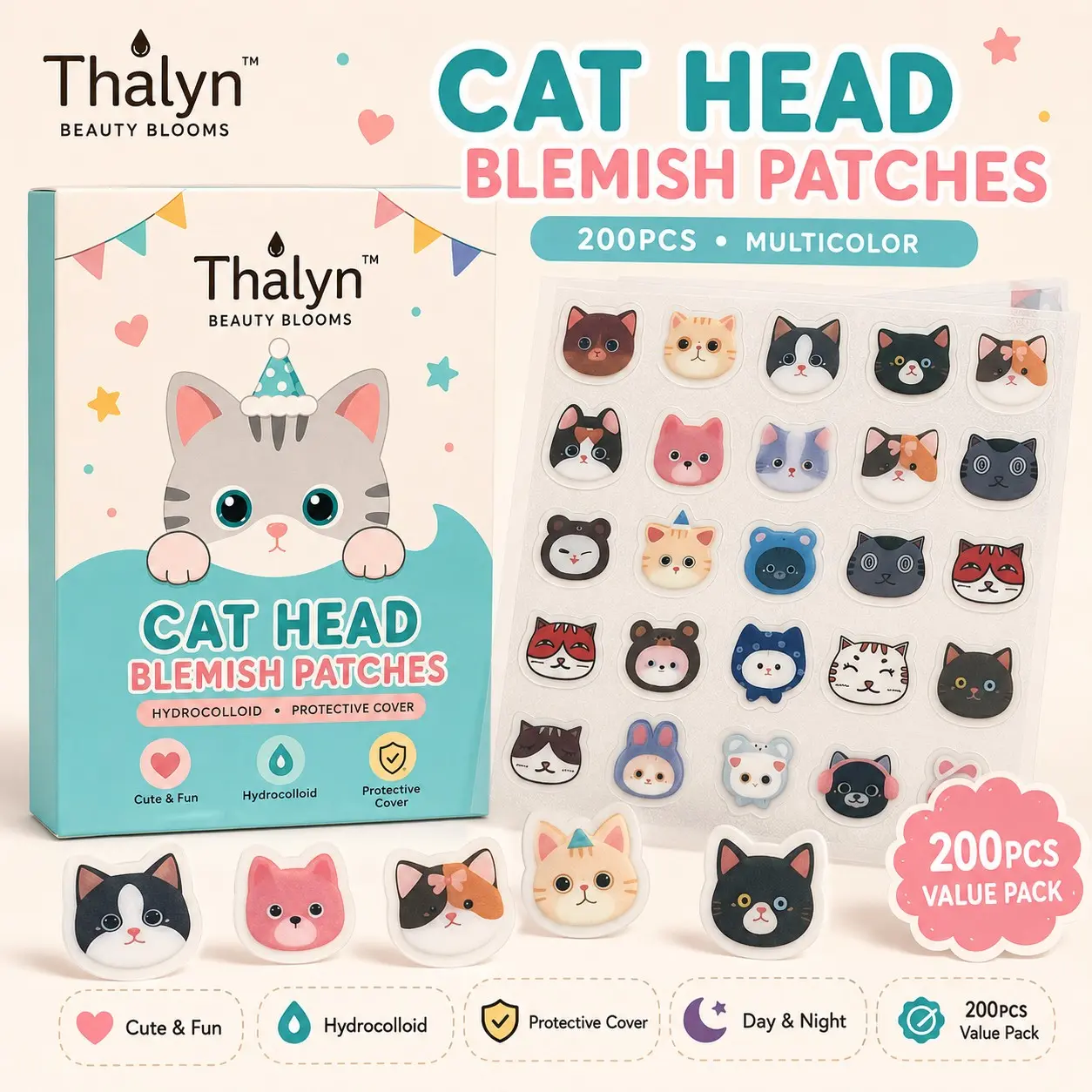 100 Pcs Cartoon Cat Head Hydrocolloid Acne Patches, Invisible Waterproof Acne Scar Covers, Daily Use Face Care Mask, Blemish Patches