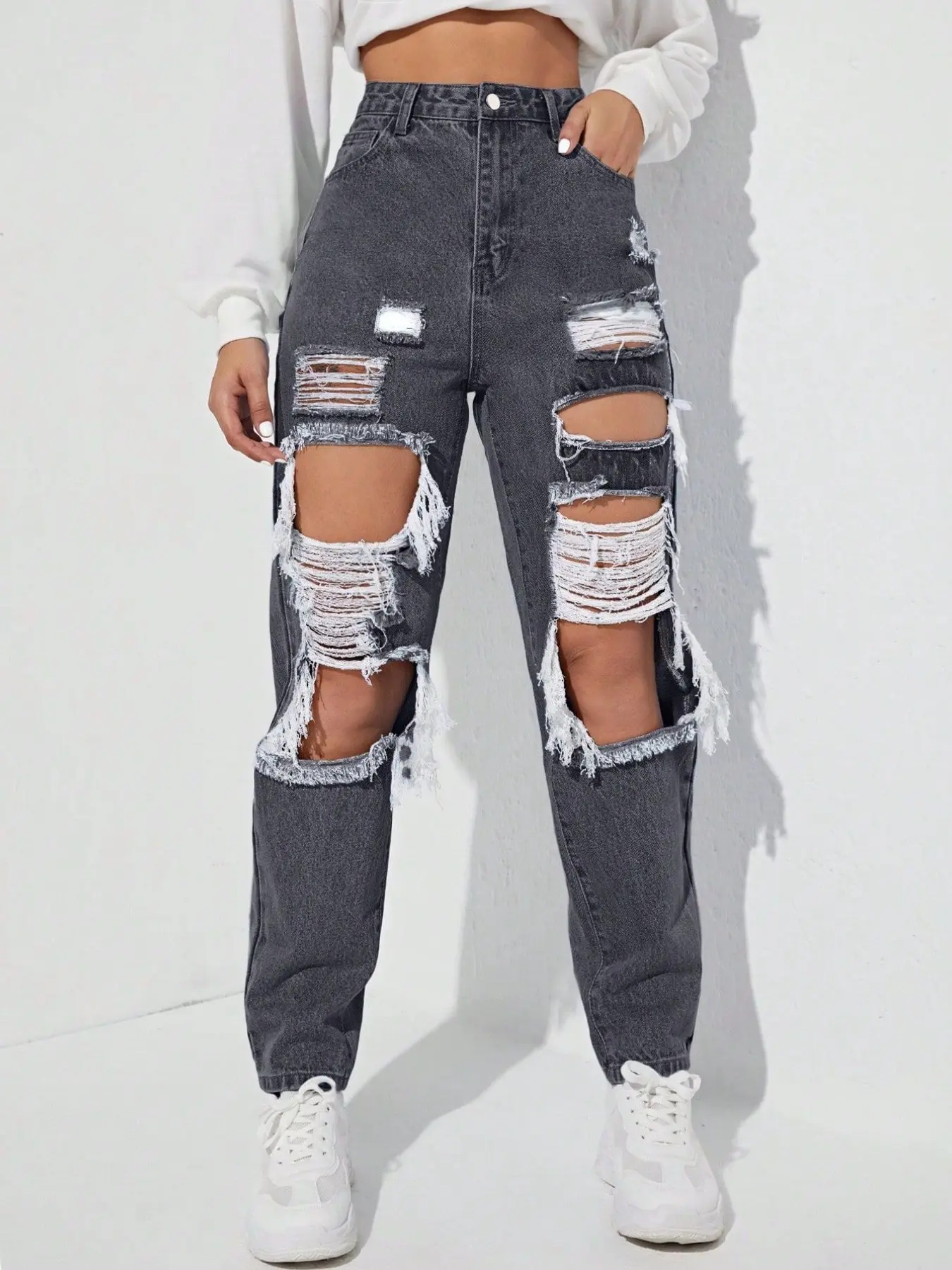 Oversized Ripped Straight Leg Jeans, High Waist Frayed Edge Loose Street Style Streetwear Baggy Casual Long Pants