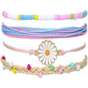 4 Pcs Summer Surfer Wave Anklet Bracelets Adjustable Strand Braided String Rope Bracelets Waterproof Handmade Sunflower Bracelets Anklets Jewelry for Women