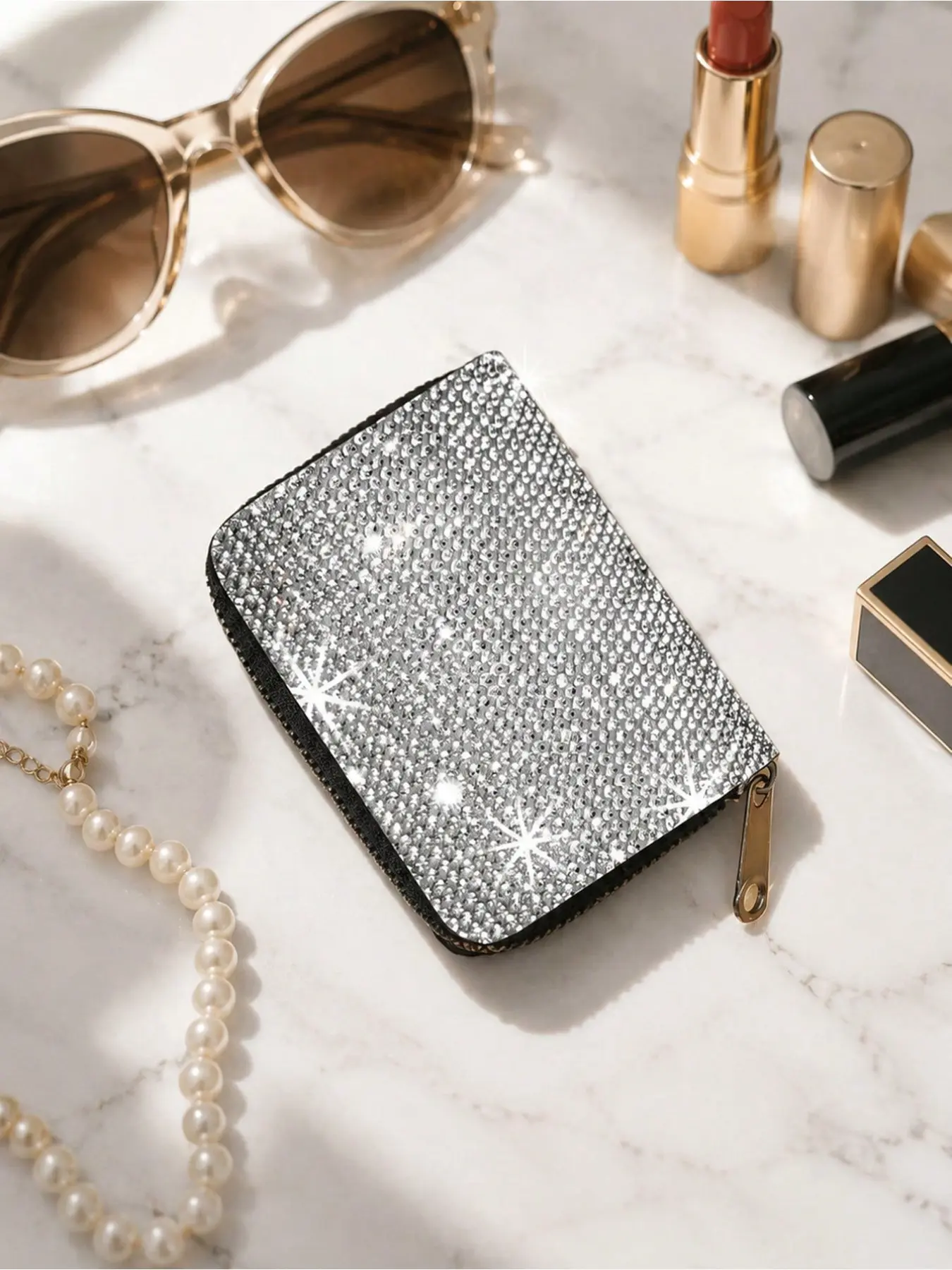 Rhinestone Zipper Card Holder, Sparkly Bling Mini Wallet with Multiple Card Slots, Portable Coin Purse Storage Pouch for Cash Cards Coins, Fashion Daily Pocket Wallet for Women