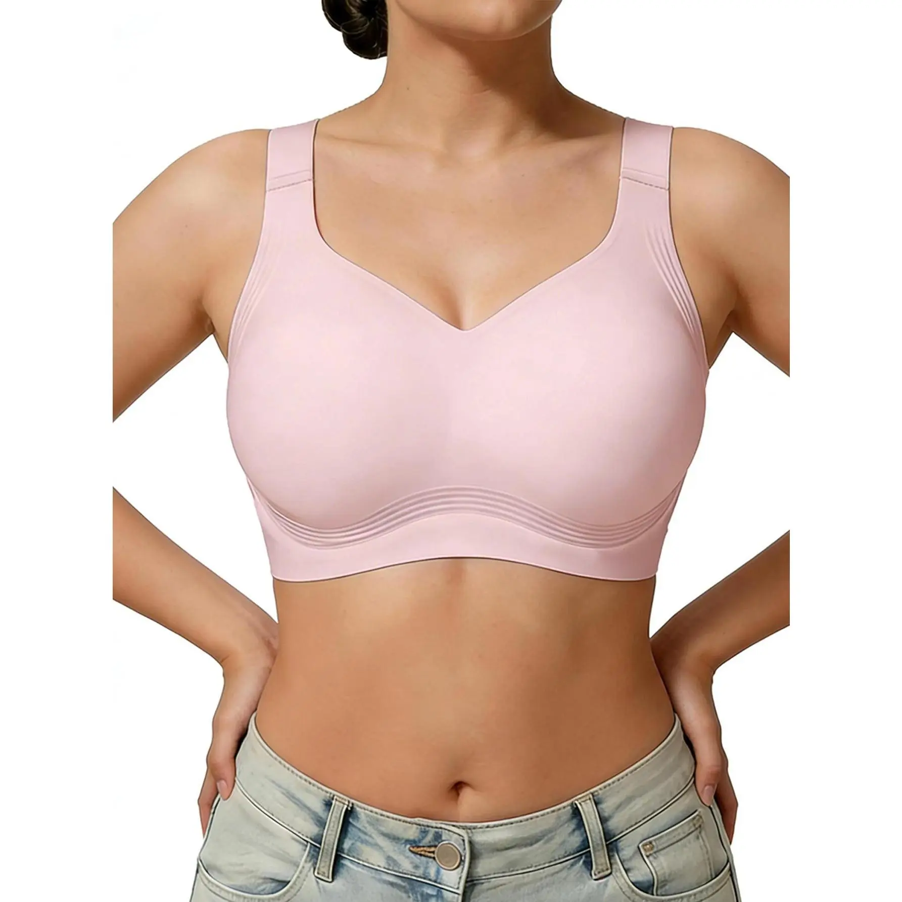 EssElegance Women's Seamless Wireless Push Up Bra Deep V-Neck Plunge Padded Nude T-Shirt Bras for Everyday Wear Invisible Shaping Smoothing Comfort Bralette with Adjustable Straps Soft Lightweight Breathable Support Wirefree Daily Lingerie Tops